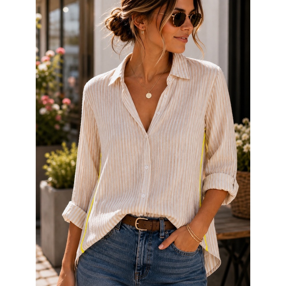 SUNDRY for Evereve Striped Button Down Shirt Small Size 1 Cotton Neon Trim